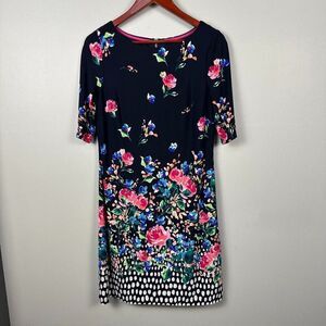 Eliza J Shift Dress 1/2 Sleeves Boatneck Floral Polka Dots Womens Size 8 Midi